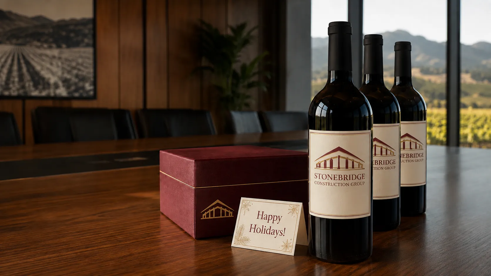 Stonebridge Construction Group custom-labeled wine bottles with a corporate holiday card and gift box