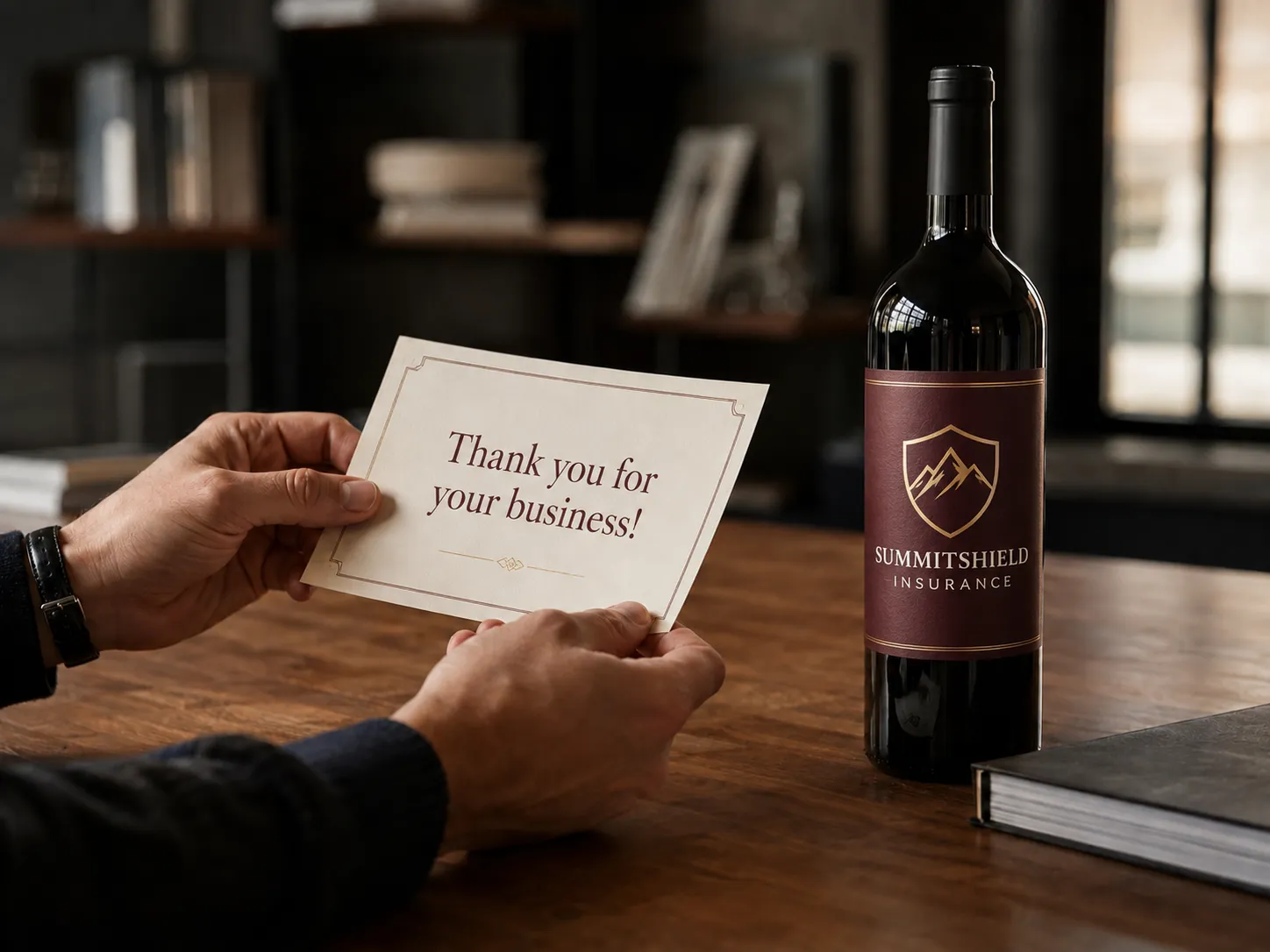 Business client reading a thank-you card beside a custom-labeled corporate wine gift